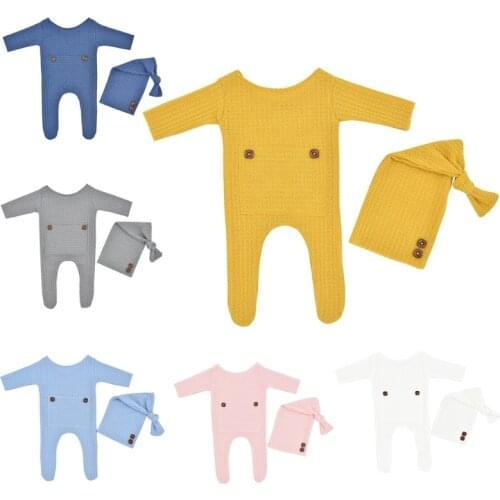 2 Pcs/Set Baby Hat Romper Newborn Photography Props Knitted Jumpsuit Long Tail Cap Kit Infants Photo Shooting Clothing Outfits