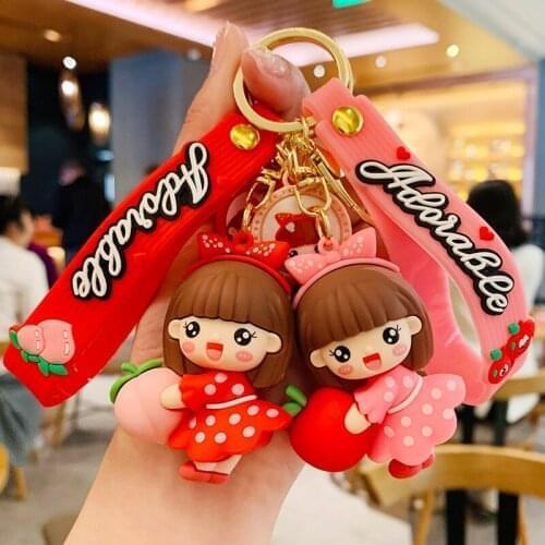 Cartoon Pink Dresses Girl With Apples Strawberry Keychain Keyring Rubber wristband Anime Lovely Key Chains Pendant D772