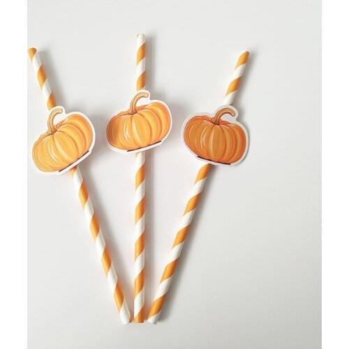 10pcs/lot Halloween Pumpkin Drinking Paper Straws Orange Striped For Kids Birthday Wedding Decoration Chirstmas Supply