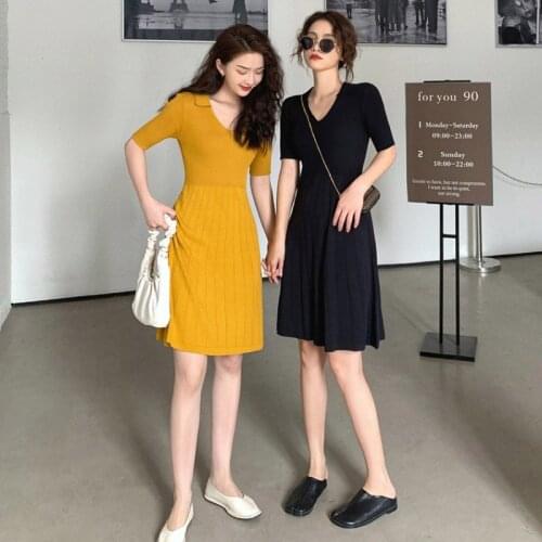 Dress V-neck Black Knitted Dress New Summer Womens Skirt Slim Slimming All-match A-line Short Skirt Tide