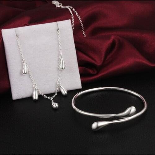 Popular 925 sterling Silver water drop necklace cuff bangle bracelet Jewelry set for woman Party wedding fashion Holiday gifts