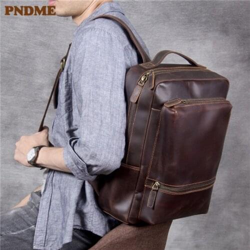 Simple vintage genuine leather mens backpack high quality crazy horse cowhide womens daily travel work laptop bagpack bookbag