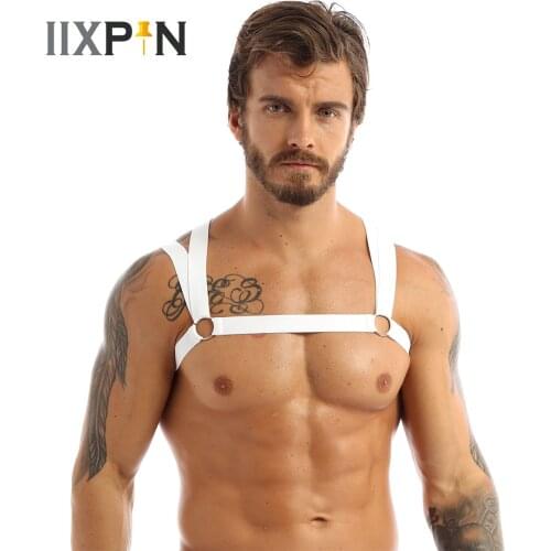 Mens Harness Belt Gay Men Double Shoulder Straps Elastic Chest Muscle Harness Belt with Metal O-rings Fancy Club Party Costume