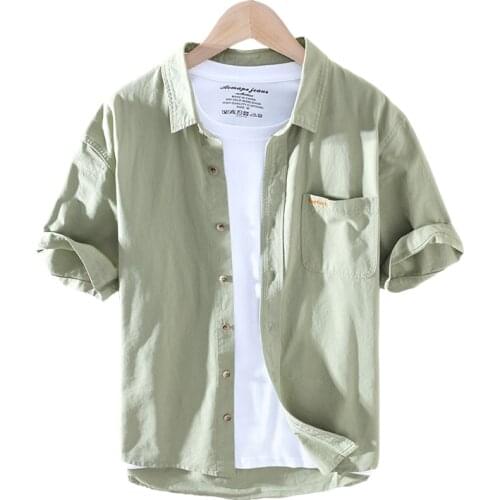 Short Sleeve Shirt for Men 100% Pure Cotton Turn-down Collar Tops Summer New Male Fashion Casual Solid Vintage Clothes