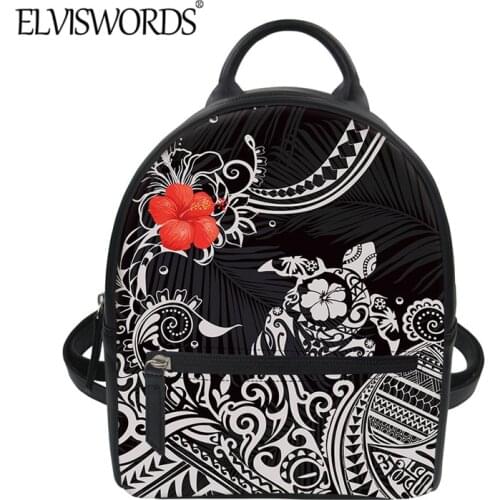ELVISWORDS Women Fashion Mini PU Backpack Polynesian Tribal Print Female Shoulder Pack Luxury Zipper Travel Black Leather Bag