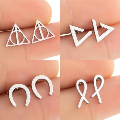 Simple Geometry Round Triangle Stud Earring Gold Color The Deathly Hallows Earrings for Women Men Jewelry Halloween Gifts