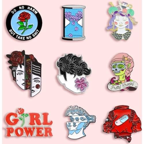 Pretty Female Designer Metal Enamel Brooch Creative Sakura Hourglass Flower Statue Feminism Badge Pin Trendy Lapel Jewelry Gift