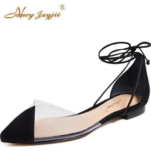 Nancyjayjii Women Shoes Adult flats ladies Lace-Up Black White Flock PVC Lace-Up Ankle Strap Pointed Toe Mature Leisure 2021