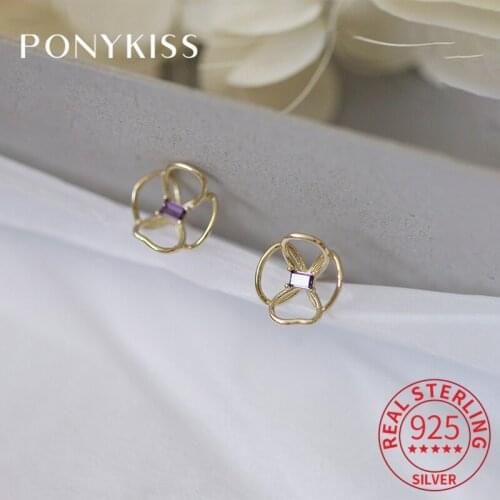 PONYKISS Vintage 925 Sterling Silver Hollow Purple Zircon 14K Gold Stud Earrings For Women Luxury Fine Jewlry Gift Drop Shipping