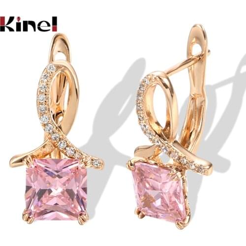 Kinel Women 585 Rose Gold Drop Earrings Square Natural Pink Zircon Mixed White Crystal Bride Wedding Earrings Fine Jewelry