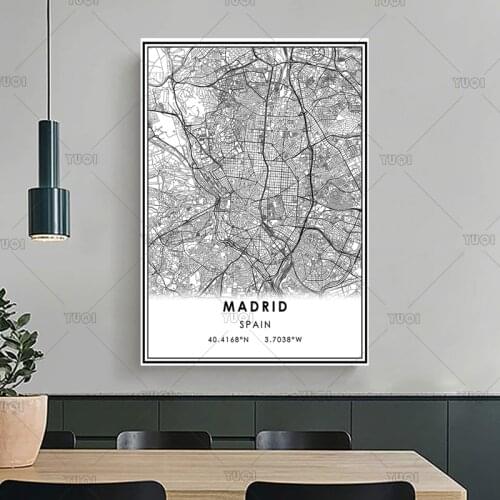 Map print poster canvas poster canvasWorld Map MADRIDBlack White MapPoster Picture Home Decor Large Wall Pictures For Living Roo