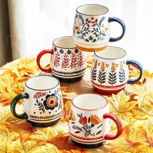 French Hand-painted Ceramic Mug Personality Creative Mug Men and Women Household Water Cup Breakfast Milk Coffee Cup Flower