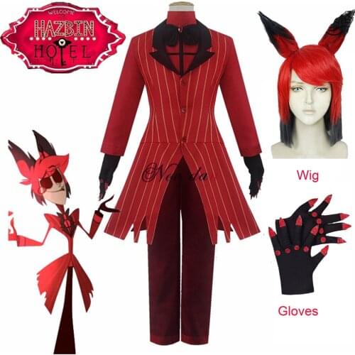 Hazbin Cosplay Hotel ALASTOR Uniform Cosplay Costume Men Women Halloween Costume Full Set (Jacket+Pants+Shirt+Tie+Gloves+Wig)