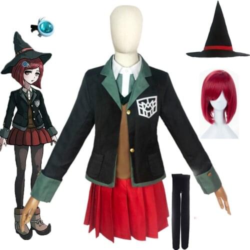 Danganronpa Magician Yumeno Himiko Cosplay Costume School Girl Uniform Halloween Party Skirt Set Suit Red Wig Magic Hat