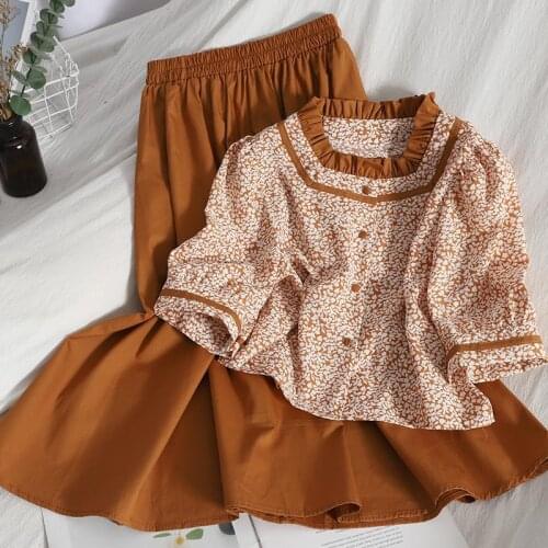 Skirt Suit, Square Collar, Puff Sleeves, Buttoned Short Print Small Shirt + Thin Solid Color Skirt, Two-piece Womens Summer