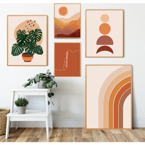 Burnt Orange Boho Wall Art Canvas Painting Rainbow Desert Moon Phases Monstera Bohemia Posters Print Gallery Home Wall Decor