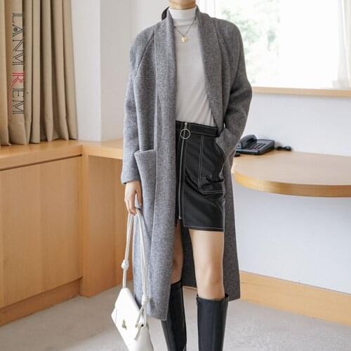 LANMREM 2021 Winter New Kintted Thickened Sweater Women Cardigan Loose Long Sleeve Lace Up Waist Sweaters Female 2W485