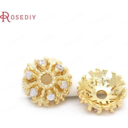 34301-G)10PCS 7-8MM 24K Gold Color Brass with Zircon Snowflake Beads Caps High Quality Diy Jewelry Findings Accessories