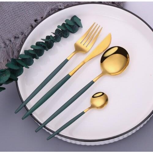 Green Gold Cutlery Set Stainless Steel Complete Dinner Set Chopsticks Tea Icespoon Dessert Fork Knife Set Tableware Silverware