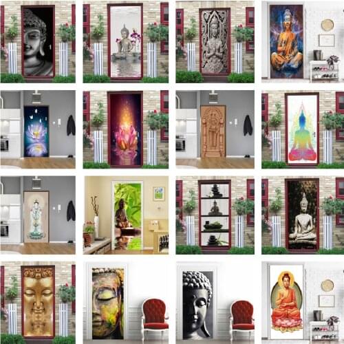 2pcs/Set PVC Door Sticker Buddha Statue Lotus Wallpaper For Living Room Bedroom Decoration Doors Poster Home Design Wall Decals