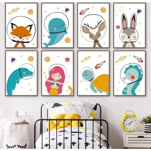 Wall Art Canvas Painting Universe Astronaut Girl Cute Animal Nordic Posters And Prints Wall Pictures For Kids Room Bedroom Decor