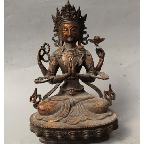 Wholesale factory 11" Tibet Buddhism Bronze Gild 4 arms Chenrezig Buddha Avalokiteshvara Kwan-Yin