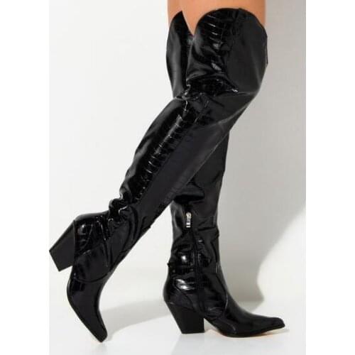 Sexy Snakeskin Women Black White Python Over the Knee Boots Fashion Chunky Heel Pointed Toe Leather Long Boots Drop Shipping
