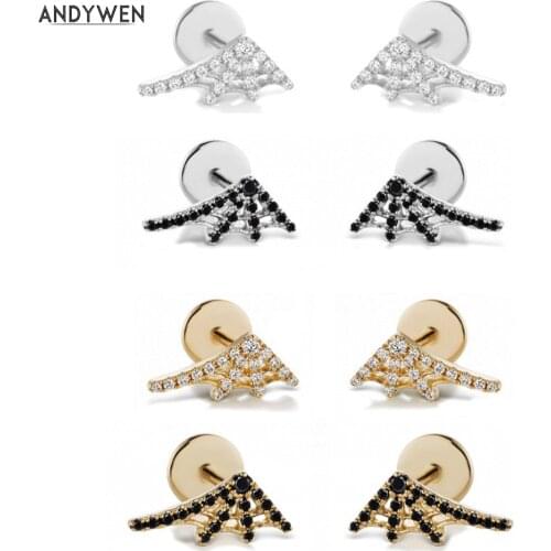 ANDYWEN 925 Sterling Silver Gold Threaded Web Stud Earring Mini Women Crystal Zircon Black Left Right EarFashion Women Jewelry