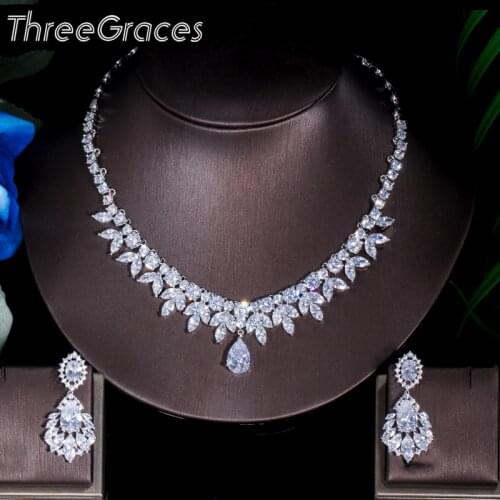 ThreeGraces Top Quality American Bridal Accessories CZ Stone Wedding Costume Necklace and Earrings Jewelry Sets For Brides JS003