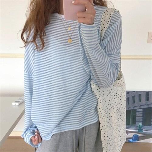 Alien Kitty 2021 Blue Loose Hot Striped Tops Summer Geometric Short-Sleeved Pullovers Basewear Chic Casual Tee Gentle T-shirts