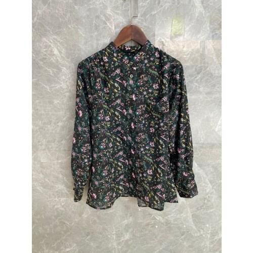 Woman Dark Green Floral Printed Cotton Blouse Shirt Ruffled Neck Long Sleeves
