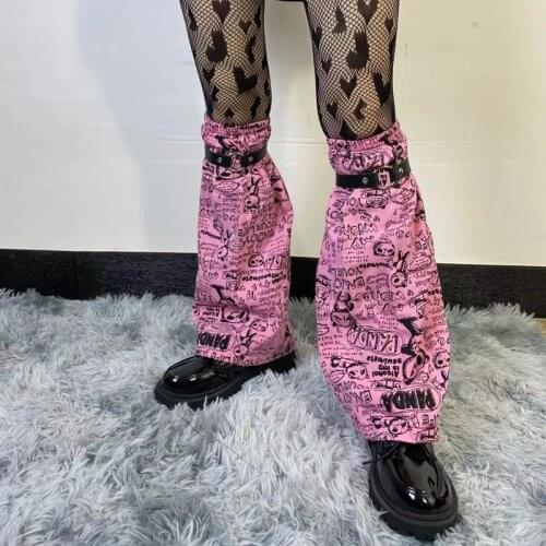Women Sweet Y2k Cute Casual Mid-calf Sock PU Strap Strudent Cool Basic Streetwear Pink Lovely Cartoon Bear Print Lady Leg Warmer