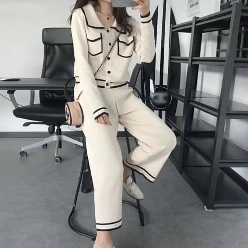 Fashion Striped Knitted Two Piece Suit Women Elegant Single Breasted Long Sleeve Top And Knit Wide Leg Pant 2021 New Korean Suit
