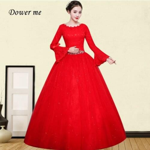 Red Lace Wedding Dresses GR720 O-Neck Formal Wedding Dress Flare Sleeve Bridal Gowns Embroidery Crystal Vestidos De Novia 2020
