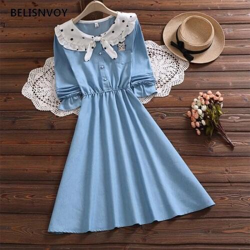 Mori Girl Cute Kawaii Print Sweet Dress New Autumn Fashion Bow Long Sleeve Denim Fabric Cat Embroidery Women Vintage Vestidos