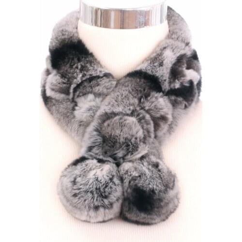 ZY86005 Winter Women And Girls Fashion Lovely Knitted Real Rex Rabbit Fur With Two Pompon Neck Scarf Fur Accessory Rings