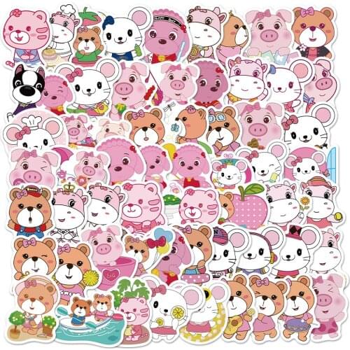 10/50PCS Kawaii Pig bear Stickers Decal for Girl Cartoons Animal Sticker To Suitcase Stationery Fridge Water Bottle Guitar