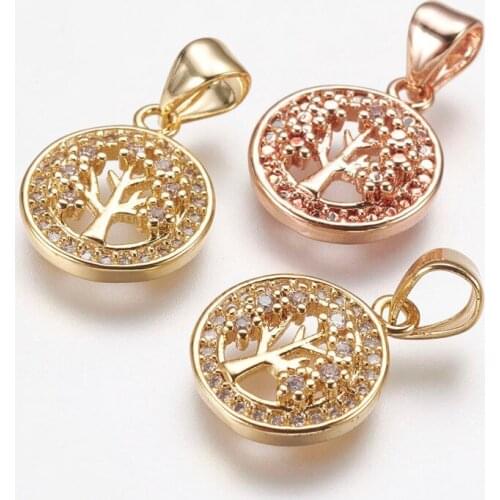 10pcs Brass Micro Pave Cubic Zirconia Charms Flat Round with Tree of Life pendants jewelry making 14x12x3mm, Hole: 3x5mm F60