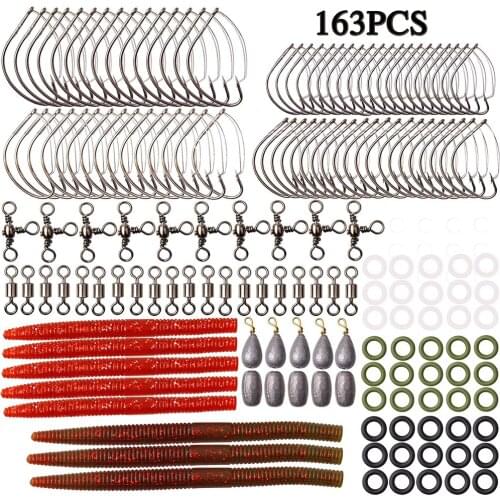 163PCS/Box Weedless Wacky Fishing Hook Set With Stainless Steel Wacky Hooks Silicone Wacky Rig O-Rings Worm Soft Plastic Baits
