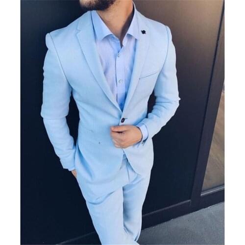 2021 New Arrival Slim Fit Men Suits For Wedding Prom Tuxedos Light Sky Blue Groomsman Jacket Pant Male Summer Suit Costume Homme