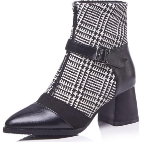 Big Size9 10 11-17 boots women shoes ankle boots for women ladies boots Front zipper with belt buckle in color matching check