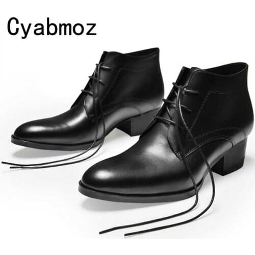 Black Genuine Leather Ankle Boots Thick Heels Men Shoes Cowboy Boots Mens High Heels Zapatos Hombre Vestir Lace Up Man Oxfords