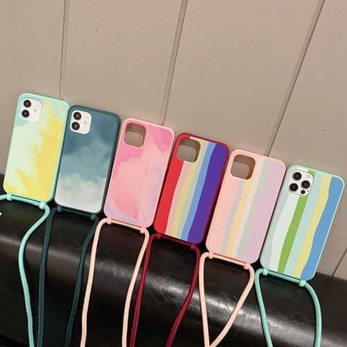 Rainbow Stripe Color Phone Case for iPhone 12 Mini 11 Pro XS Max XR Necklace Cord Chain Hanging Rope Crossbody Strap Soft Cover