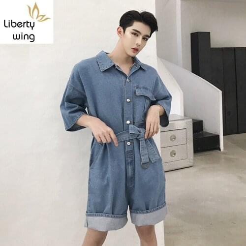 New Summer Men Short Sleeve Jean Jumpsuits Fashion Single Breasted Denim Playsuits Streetwear Loose Fit Knee Length Jumpsuit