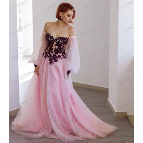 Elegant Off Shoulder Long Sleeve Applique Lace Beading Prom Gown Womens Formal Dress A-Line Pink Tulle Party Dresses Robes