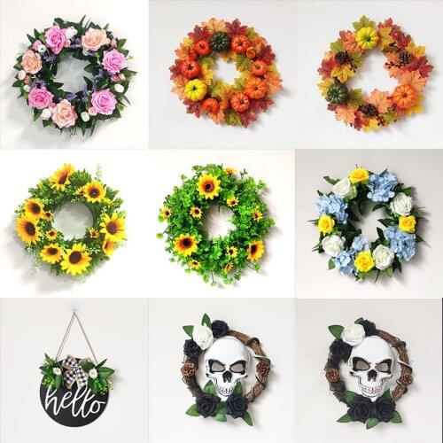 Artificial Rose And Sunflower Wreath Autumn Leaves Pumpkin Garland Horror Skull Wreath For Home Decoration Door Ornament