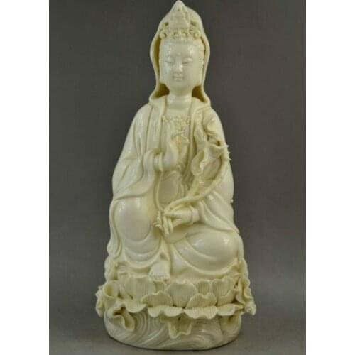 China dehua Porcelain Carve Kwan-Yin Sitting Lotus Pray Auspicious Big Statue