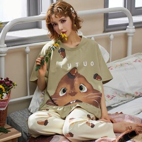 Summer Pajamas Cute Womens Cartoon Loose Leisure Tops Short Sleeve Capri-Pants Set