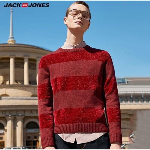 Jack Jones Mens Chenille Stripe Splice Round Neckline Knit Sweater| 219324532