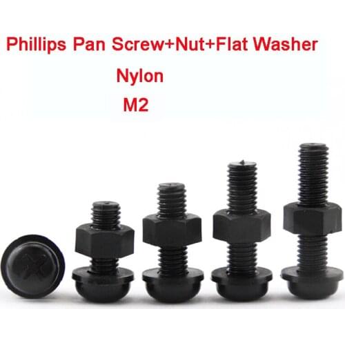5/10/30Pcs Nylon Round Head Screws Black Nylon Phillips Pan Screw+Nut+Flat Washer Kit Set M2 Length 6mm 8mm 10mm 12mm